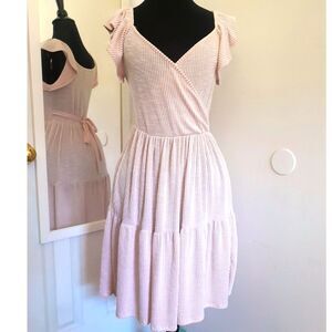 Caution to the Wind Pink White Striped Ruffle Sleeves Belted Dress  Small NWOT